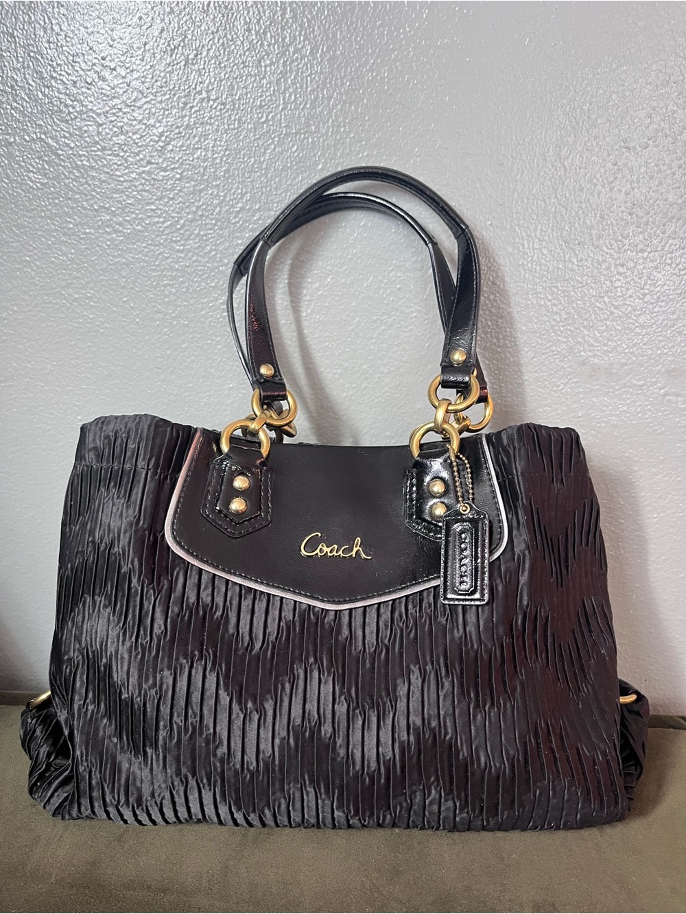 Coach Ashley gathered Satin Tote with patent Leather Trim